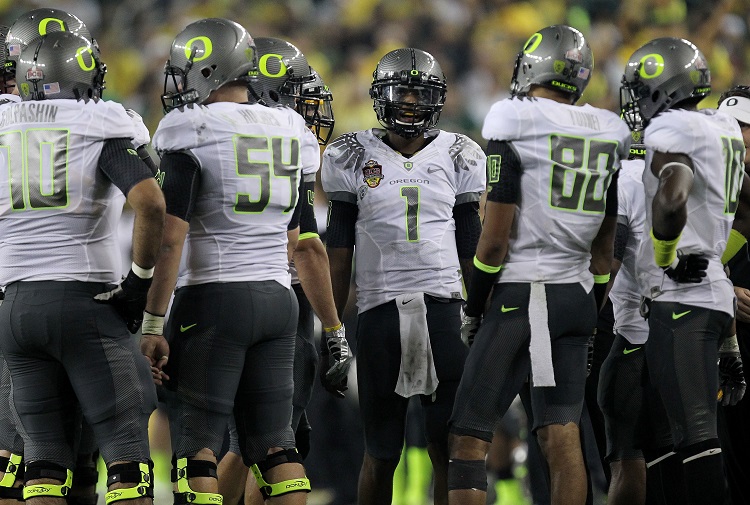 Oregon Ducks in silver and white uniforms during the BCS Championship game, 2010