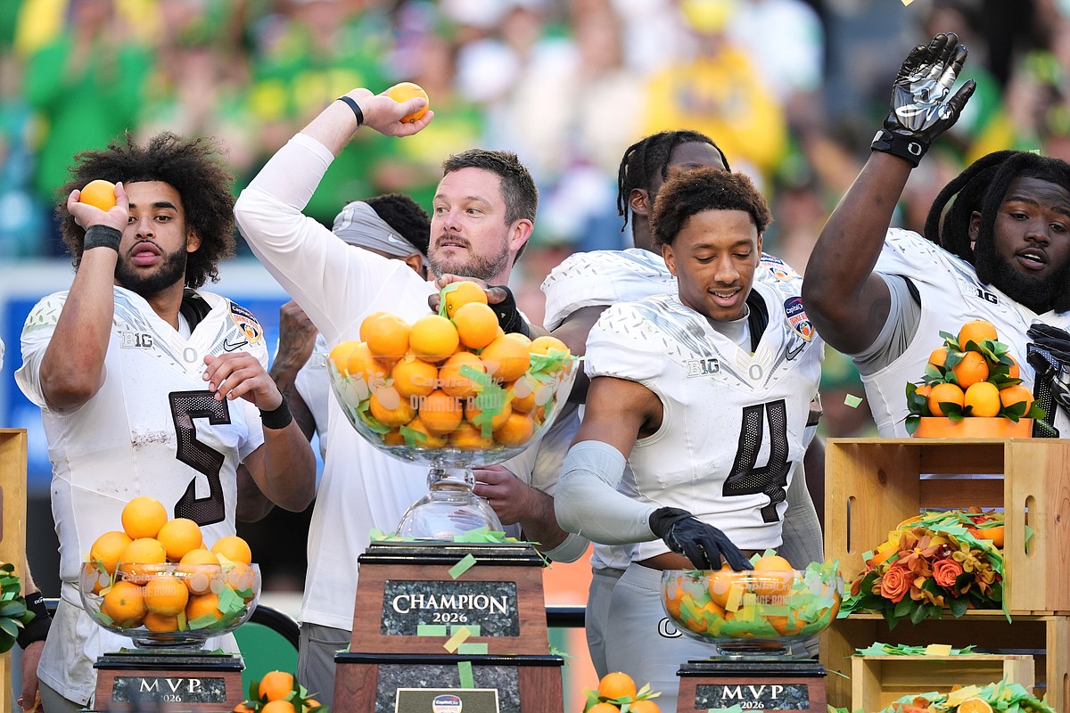 Oregon players celebrate after the Orange Bowl victory, January 2026